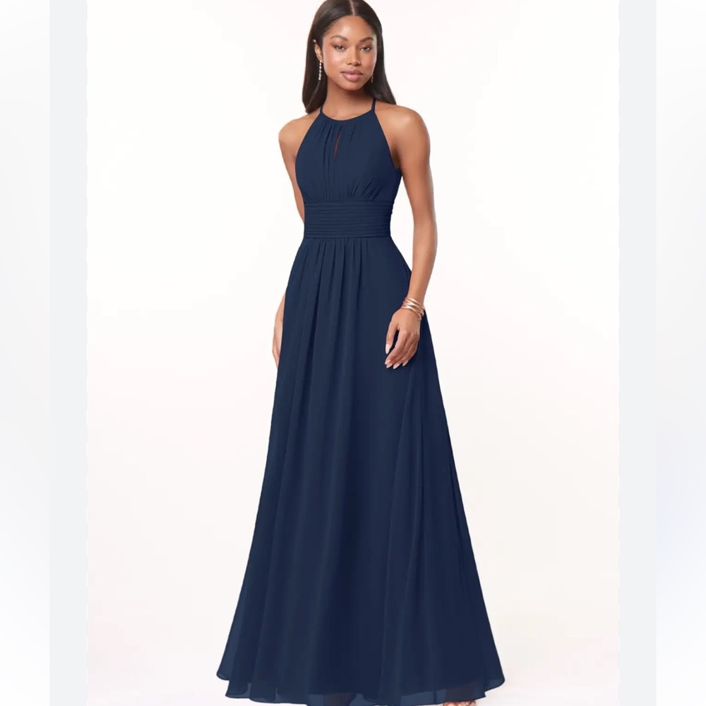 Azazie Dark Navy Chiffon A-Line Halter Maxi Bridesmaid Formal Dress
